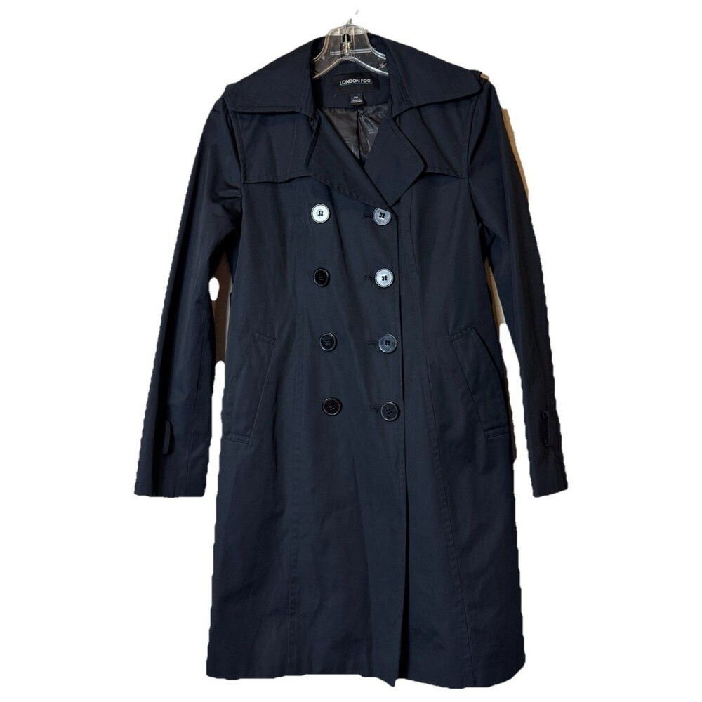London Fog Black Double Breasted Trench Coat Cotton Womenโs Petite S- No Belt